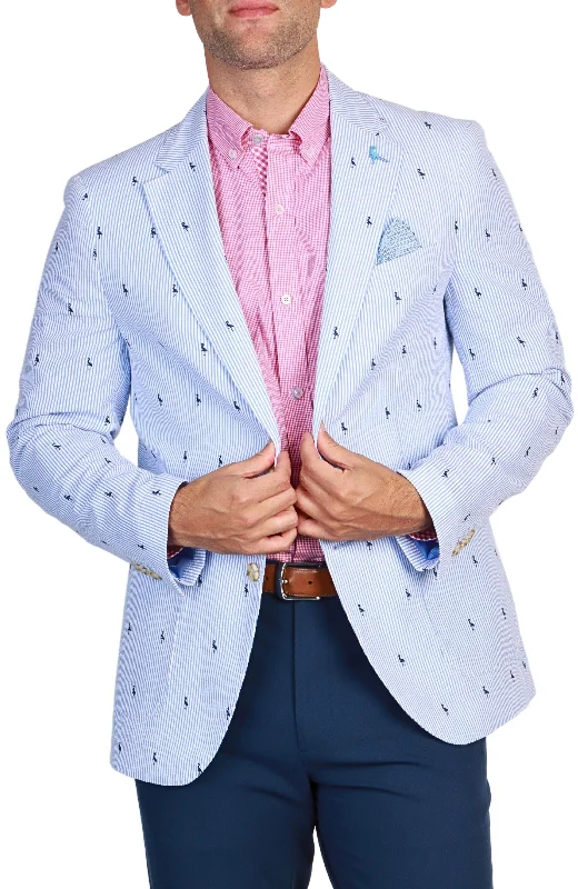 men's wool suit for winter -Blue Seersucker Pinstripe Byrd Print Sport Coat