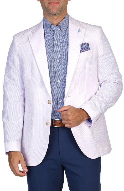 men's suit blazers -Blush Pink Seersucker Striped Sport Coat