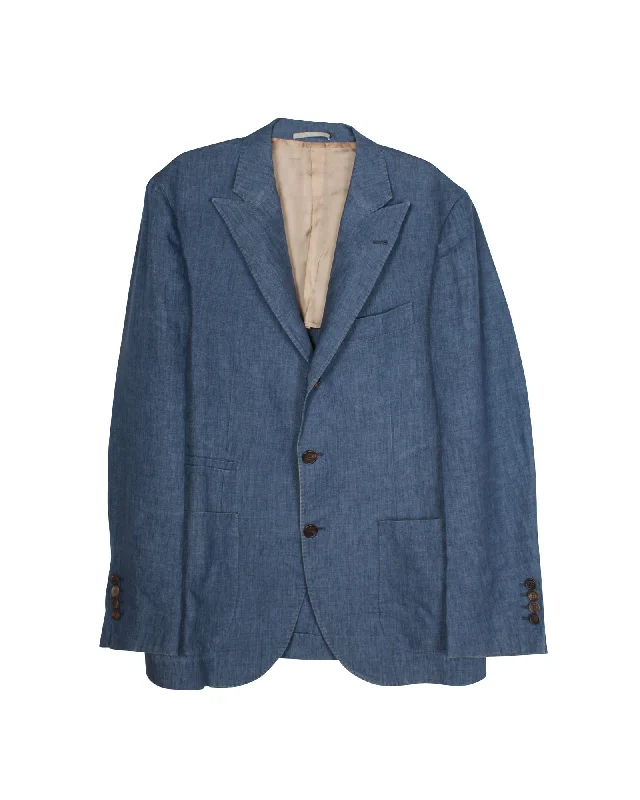 men's suit with cummerbund -Brunello Cucinelli Tailored Single Breasted Blazer in Blue Linen