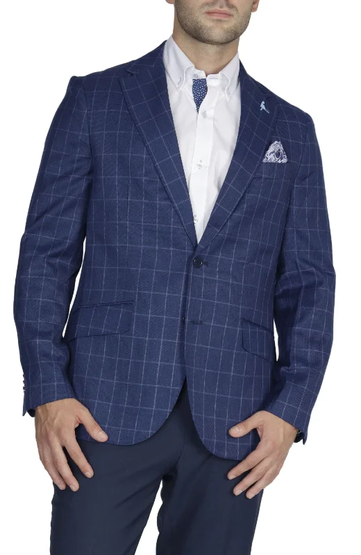 men's suit set with vest -Classic Navy Windowpane Sport Coat