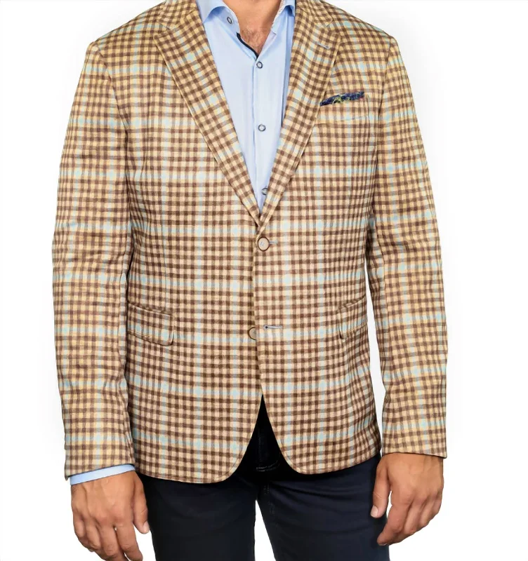 men's wool suit for winter -Colton Plaid Stretch Blazer In Tan With Blue