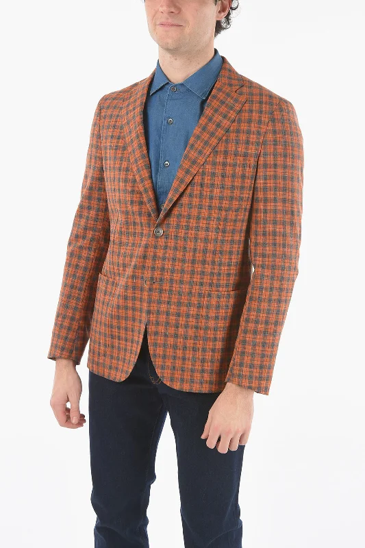 best men's suits for interviews -Corneliani CC COLLECTION Half-lined Plaid Check Blazer with Patch Pocke