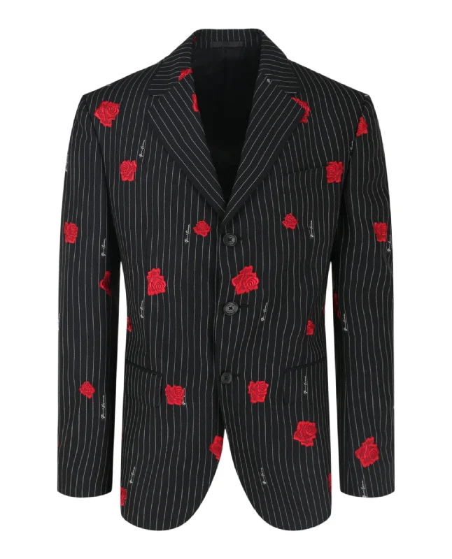 men's business suit with vest -Embroidered Rose Wool Blend Blazer