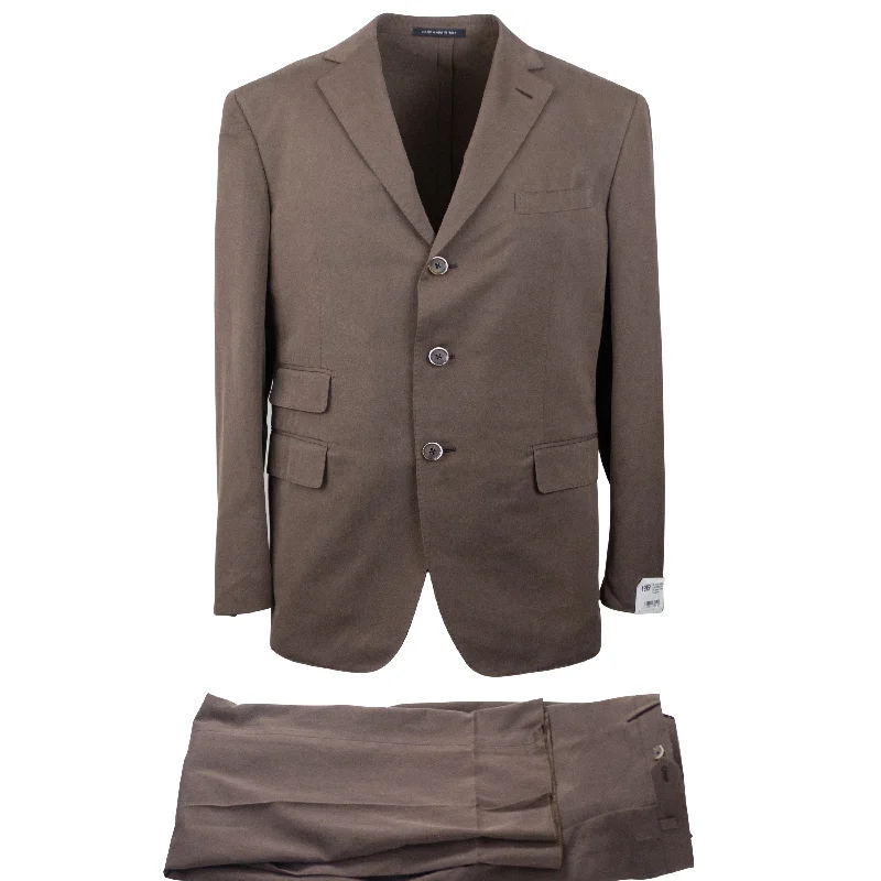 men's grey suit with tie -Espresso Brown Cotton Single Breasted Suit