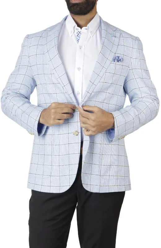 men's wool blend suits -Light Blue Windowpane Textured Sport Coat