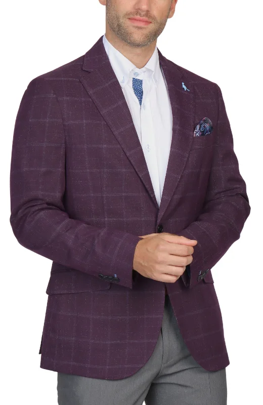 men's red suit for weddings -Merlot Windowpane Sport Coat