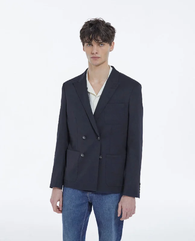 men's wool tuxedo suit -Navy Double Breasted Blazer