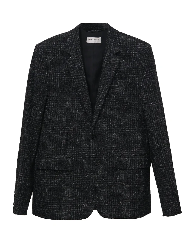 men's plaid suits -Saint Laurent Checkered Blazer in Black Wool