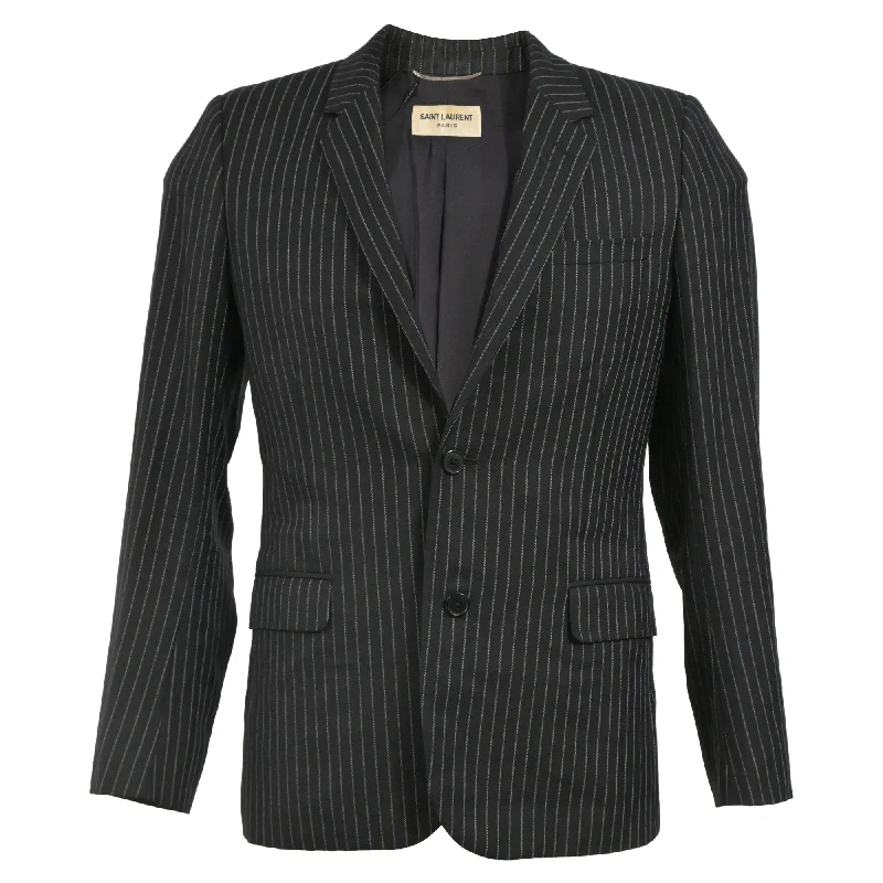 men's suit with leather shoes -Saint Laurent Pinstripe Single-Breasted Blazer with Pockets in Black Wool