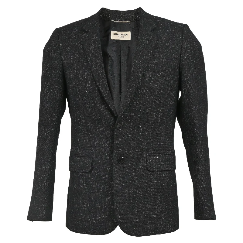 men's ivory suit jacket -Saint Laurent Single-Breasted Blazer with Pockets in Black Tweed Wool