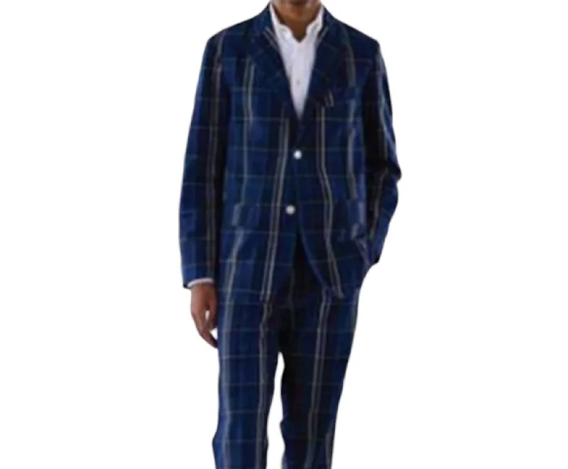 men's business suits with tie -Single Breasted 2 Summer Jacket In Navy Plaid