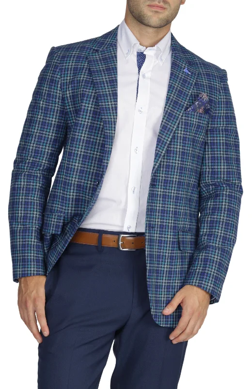 men's light blue suit -Teal Multi Plaid Sport Coat