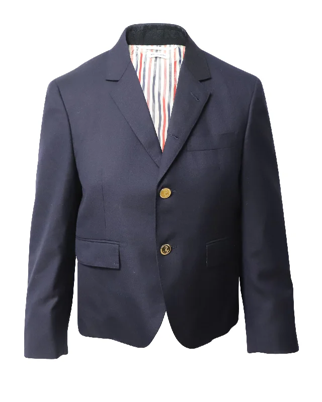 men's high-quality wedding tuxedo -Thom Browne Single-Breasted Blazer in Navy Blue Wool