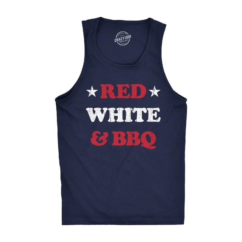 men's shirts for trendy looks-Mens Red White And BBQ Fitness Tank Funny Patriotic Barbecue Text Shirt For Guys